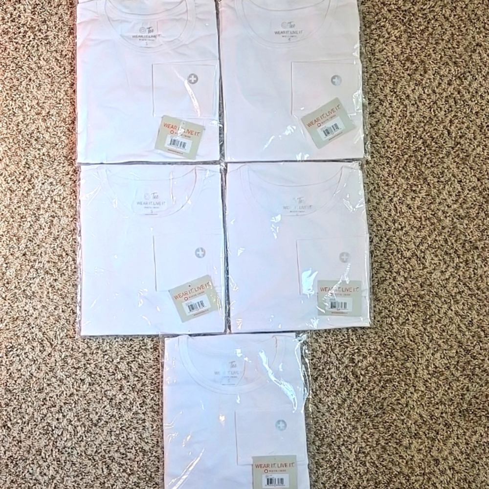 Set of 5 NEW White Cross Long Sleeve Tee Scrub undershirts, Size Small, White
